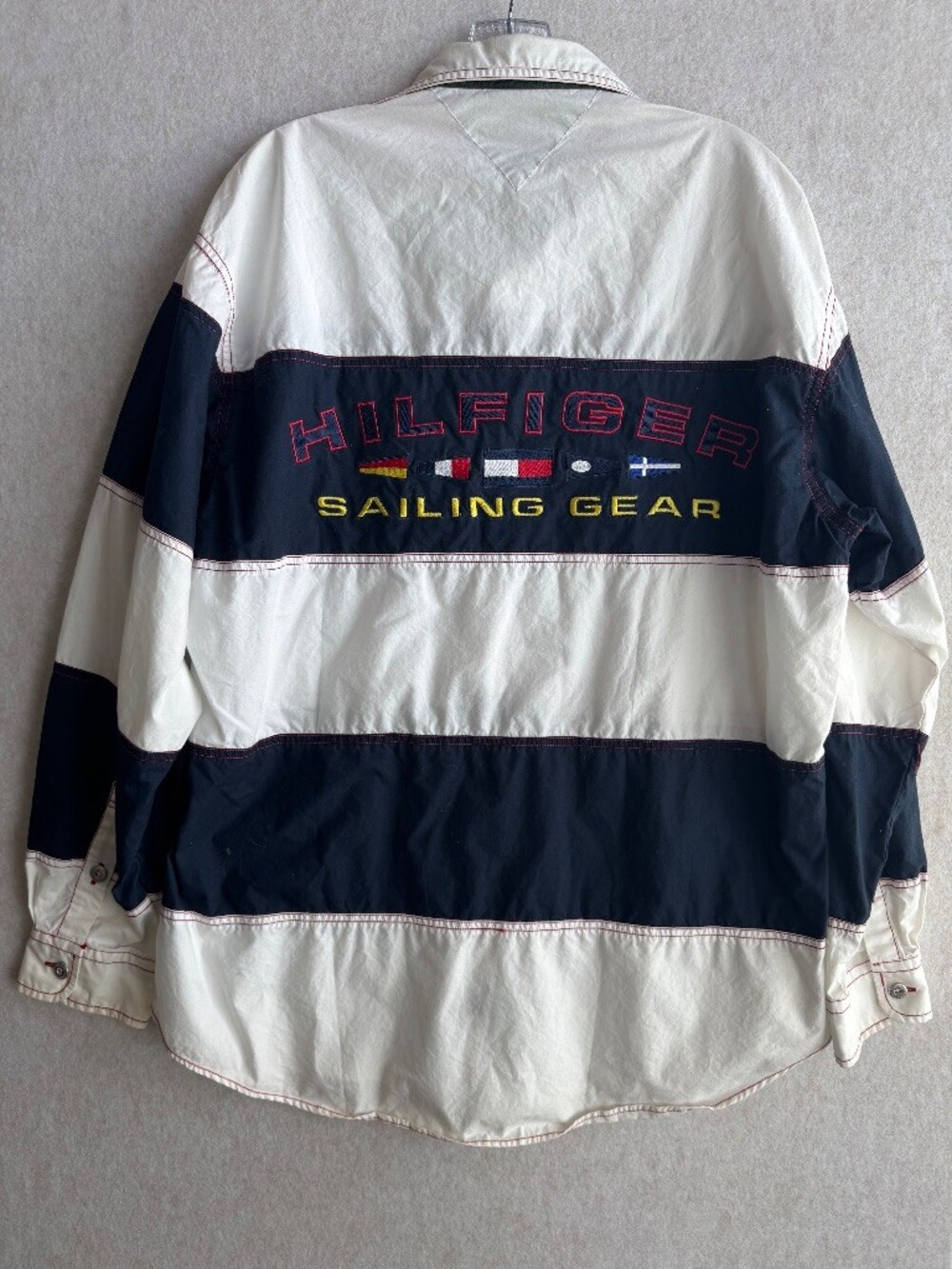 Vintage Tommy Hilfiger Sailing Gear Button Down Shirt L Navy White Striped Flag